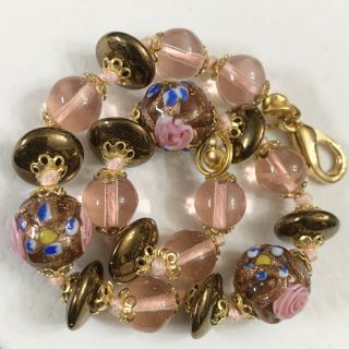 Vtg Murano Pink Wedding Cake Venetian Glass Bead Bracelet Knotted 9”