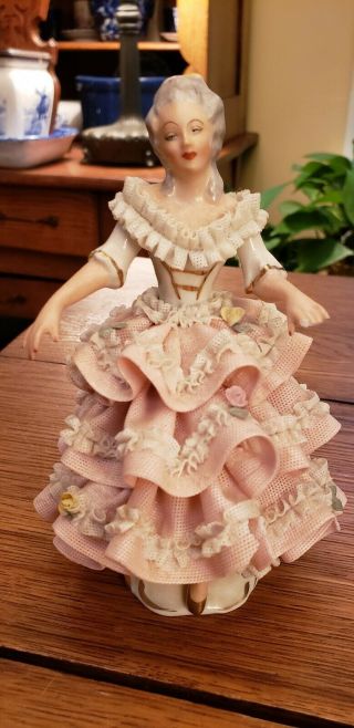 Antique Dresden Porcelain Lady Figurine In Lace Dress