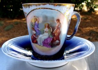 Antique Mythological Victoria Austria Cup & Saucer Set Teacup Maiden Cobalt Blue