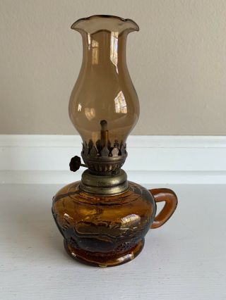 Vintage Small Amber Glass Finger Oil Lamp W/ Embossed Fruit Pattern 7”