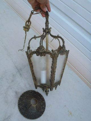 Rare Vintage Brass,  Glass Fancy Ornate Hanging Light Fixture Made In Spain