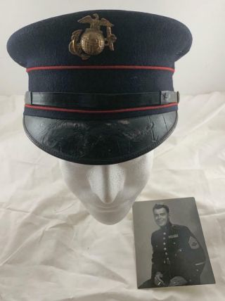Vtg Usmc Ww1 Dress Blue Cap Hat Sz 6 7/8 Small W/ Badge & Photo Bell - Crown Visor