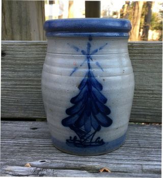 Vintage 1991 Rowe Pottery Cobalt Christmas Tree Salt Glazed Stoneware Crock