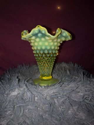 Vintage Fenton Glass Topaz Opalescent Hobnail Vase Ruffled