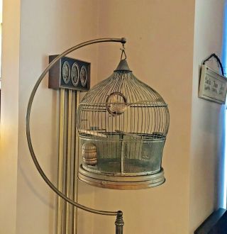 Vintage Antique Hendryx Brass Color Wire Bee Hive Bird Cage With Stand