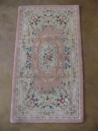 Vintage Cottage Hand Hooked Americana Wool Area Rug Pink Floral 42 " X 23 " 2 Of 3