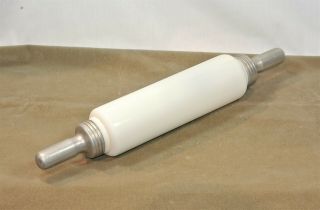 Vintage Depression Glass Rolling Pin Milk White With Aluminum Metal Handles