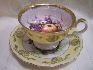 Royal Halsey Teacup & Saucer Footed Iridescent Vintage Yellow / Fruit