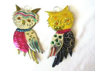 (2) Vintage Mexican Folk Art Punched Tin Colorful Owls Christmas Ornaments - L - 5 "
