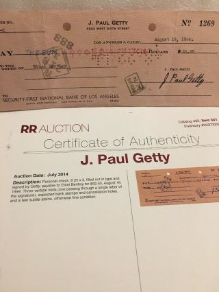 J.  Paul Getty Signed Check Richest Man In The World R & R