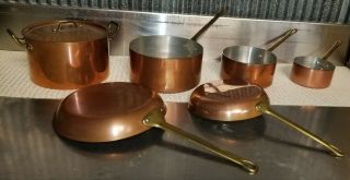 7p Vintage French Copper Cookware Set Tin Lined Riveted Brass Handles