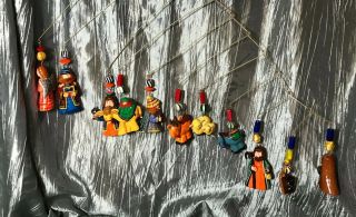 Vintage Mexican Hand Painted Woodcarving Nativity Set Mobile Unique Glass Beads