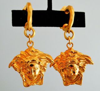 Vtg 80s Gianni Versace 2.  75 " Gold Chunky Medusa Drop Hoop Runway Duster Earrings