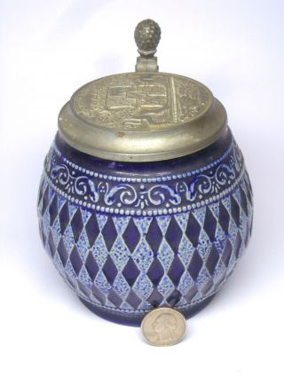 Fine German Ceramic Beer Stein Or Mug,  Cobalt Diamond Pattern,  Bryern Rein Zinn