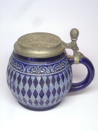 Fine German Ceramic Beer Stein or Mug,  Cobalt Diamond Pattern,  BRYERN REIN ZINN 2