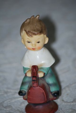 Vintage Boy Figurine Riding A Wooden Toy Horse Bisque Porcelain Japan Collectors