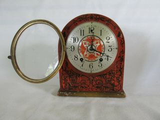Unusual Antique Mantle Clock,  Gilbert,  Painted Decorated Case,  for Restoration 3