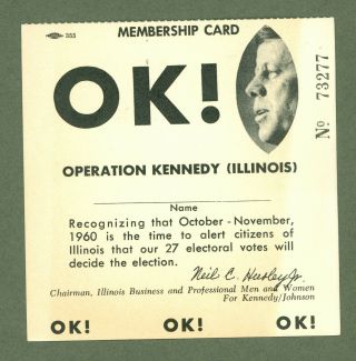 Vintage 1960 President John F.  Kennedy Campaign Illinois Ok Membership Card