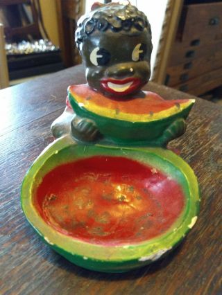 Vintage Black Americana Chalkware Girl Eating Watermelon Ashtry Trinket Dish