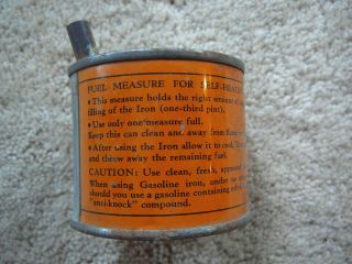 Vintage Tin Fuel Measuring Can For Self Heating Gasoline Iron - Instructions Gd