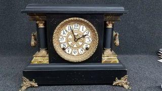 Antique Mantle Clock - Wood Case With Faux Marble Trim And Pillars