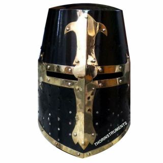 18 Gauge,  Medieval Crusader Templar Knight Helmet With Black Finish Brass Design