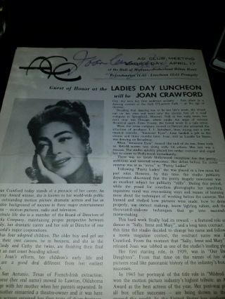 Joan Crawford Signed Brochure With Photo Clark Gable Co - Star Oscar Award Pepsi