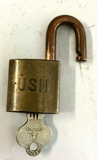 Vintage Military Brass Padlock Us Navy Fumns With Key