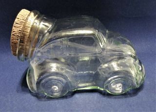 Vintage Green Clear Glass Volkswagen Vw Beetle Bug Cookie Jar With Cork Stopper
