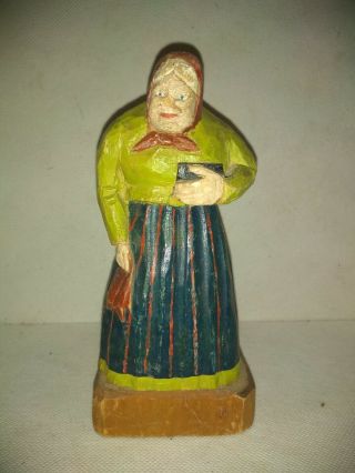 Vintage Folk Art Hand Painted Wood Statue Teacher Taskmaster Woman Hand Carved