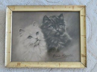 The Best Old Vintage Black & White Print 2 Kittens Cats Framed Adorable