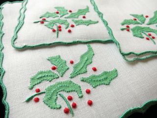 " Holly " Marghab Vintage Madeira Hand Embroidery Linen Cocktail Napkins,  Set Of 6