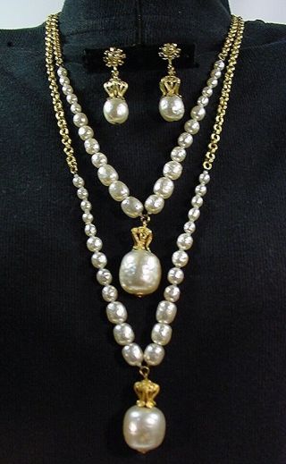 Vintage 1950s Miriam Haskell Long 2 Strand Baroque Pearls Necklace,  Earrings