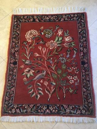 Small Hand Woven Floral Wool Rug 24 " X 34 " Flowers Bird Brown Blue Green