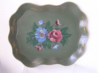Nashco Green Hand Painted Floral Metal Tole Tray Rim Signed 17 " X 14 "