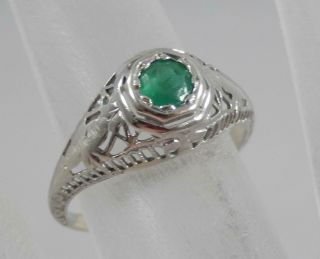 Antique 14 Karat White Gold Filigree Art Deco Emerald Ring Size 4 3/4 14k F0858
