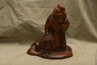 Vintage Hand Carved Wood Folk Art Sculpture Man In Robe W Lion 8x9 " Biblical?