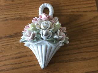 Porcelain Hanging Basket With “capodimonte” Style Flowers.  Unique
