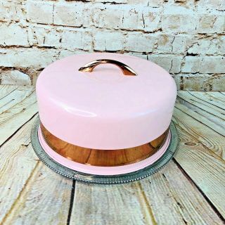 Vintage Cake Dish & Cover Mid Century Modern Glass Tray Pink With Copper Accent
