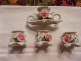 Vintage Set Of 4 Ens (germany) Porcelain Pink Rose Candle Holders