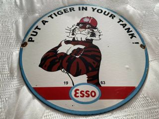 Vintage Esso Gasoline Porcelain Sign,  Pump Plate,  Gas Station,  Tiger,  Motor Oil