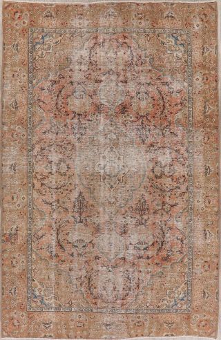 Antique Geometric Muted Worn Distressed Rug Faded Coral Peach Hand - Knotted 6x10