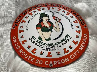 Vintage Texaco Pin Up Casino Porcelain Sign,  Gas Station Pump Plate,  Motor Oil
