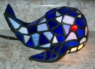 Vintage Tiffany Style Stained Glass 7 " Whale Lamp W/ Red Eyes,  Night Light