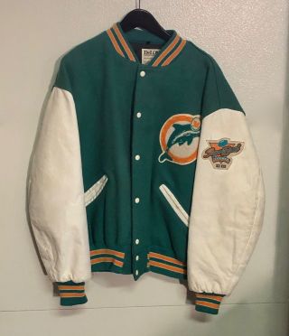 Vintage Delong Nfl Miami Dolphins Wool Leather Letterman Jacket Adult Xl