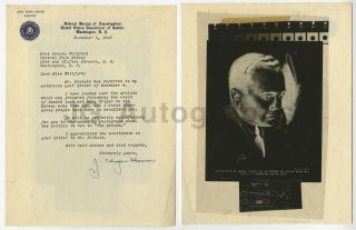 J.  Edgar Hoover - Fbi Director - Signed Letter With Transparency,  1942