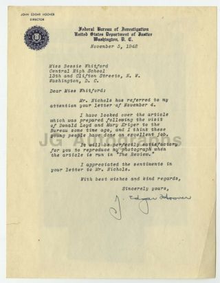 J.  Edgar Hoover - FBI Director - Signed Letter with Transparency,  1942 2