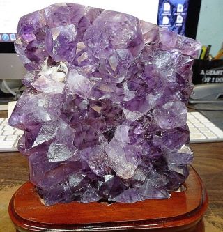 Lg.  Amethyst Crystal Cluster Cathedral Geode Brazil Wood Stand Polished