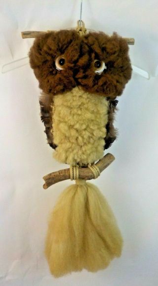 Mod Vintage 1970s Owl Macrame Fluffy Wool Textile Art Wall Hanging 27 " X 12 "