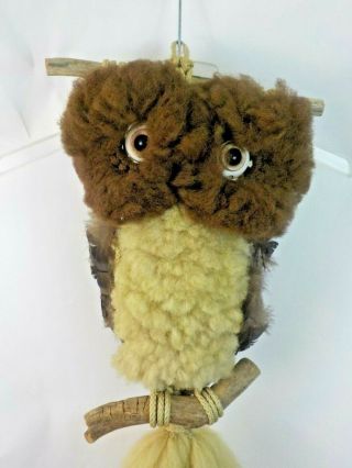 Mod Vintage 1970s Owl Macrame Fluffy Wool Textile Art Wall Hanging 27 